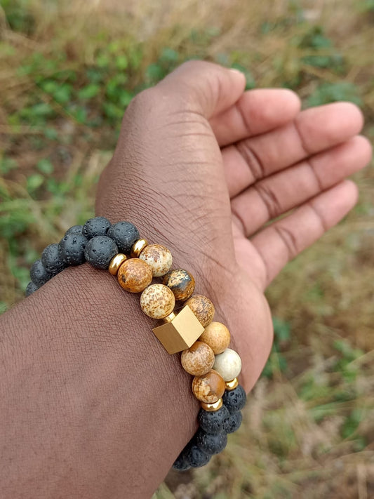 Lava stone and jasper bracelet set