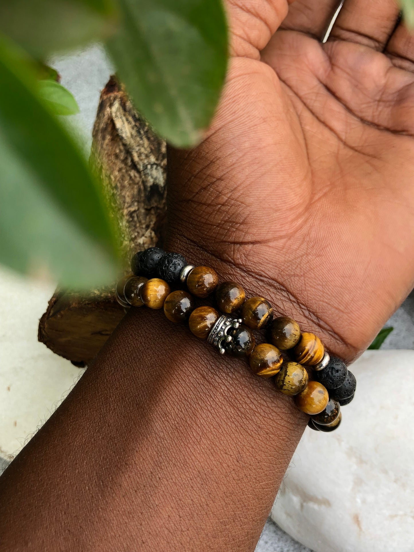 Tiger's Eye and Lava Bracelet Set with Crown