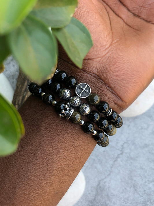 Stunning Black Gold Obsidian Bracelets Set