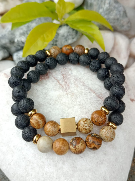 Lava stone and jasper bracelet set