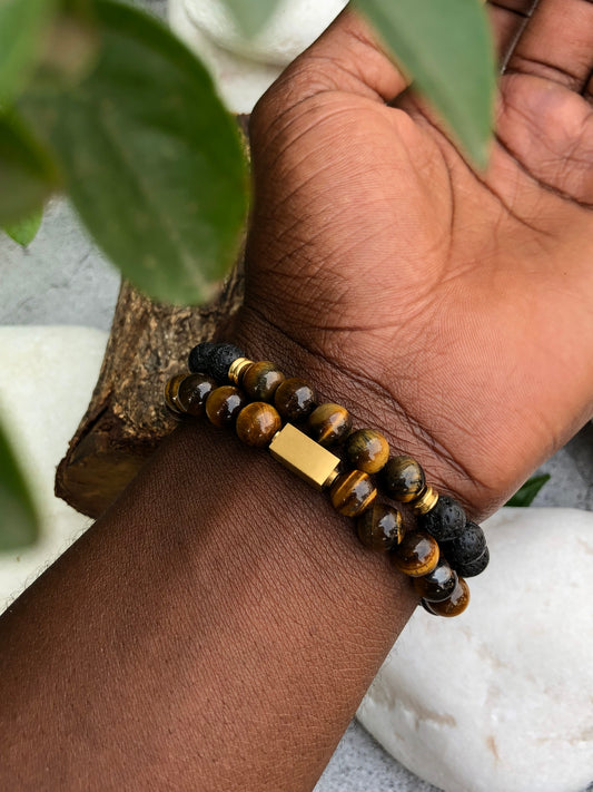 Stunning Set of Tiger's Eye and Lava Bracelets