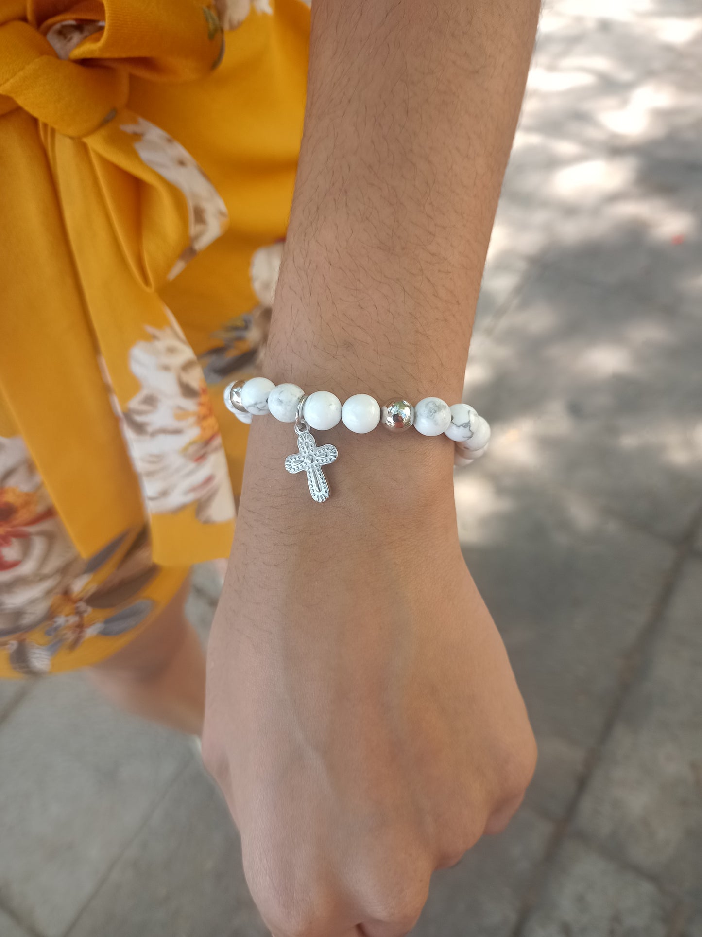 Beautiful Howlite Stone and Stainless Cross Bracelet for women