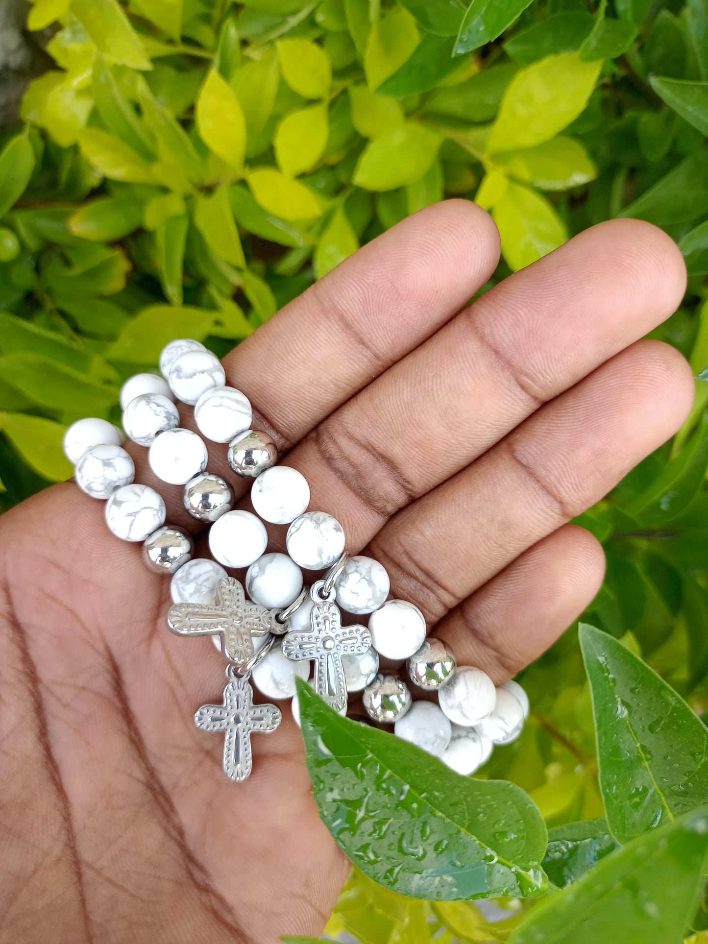 Beautiful Howlite Stone and Stainless Cross Bracelet for women