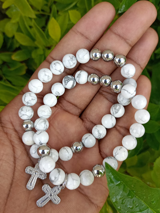 Beautiful Howlite Stone and Stainless Cross Bracelet for women